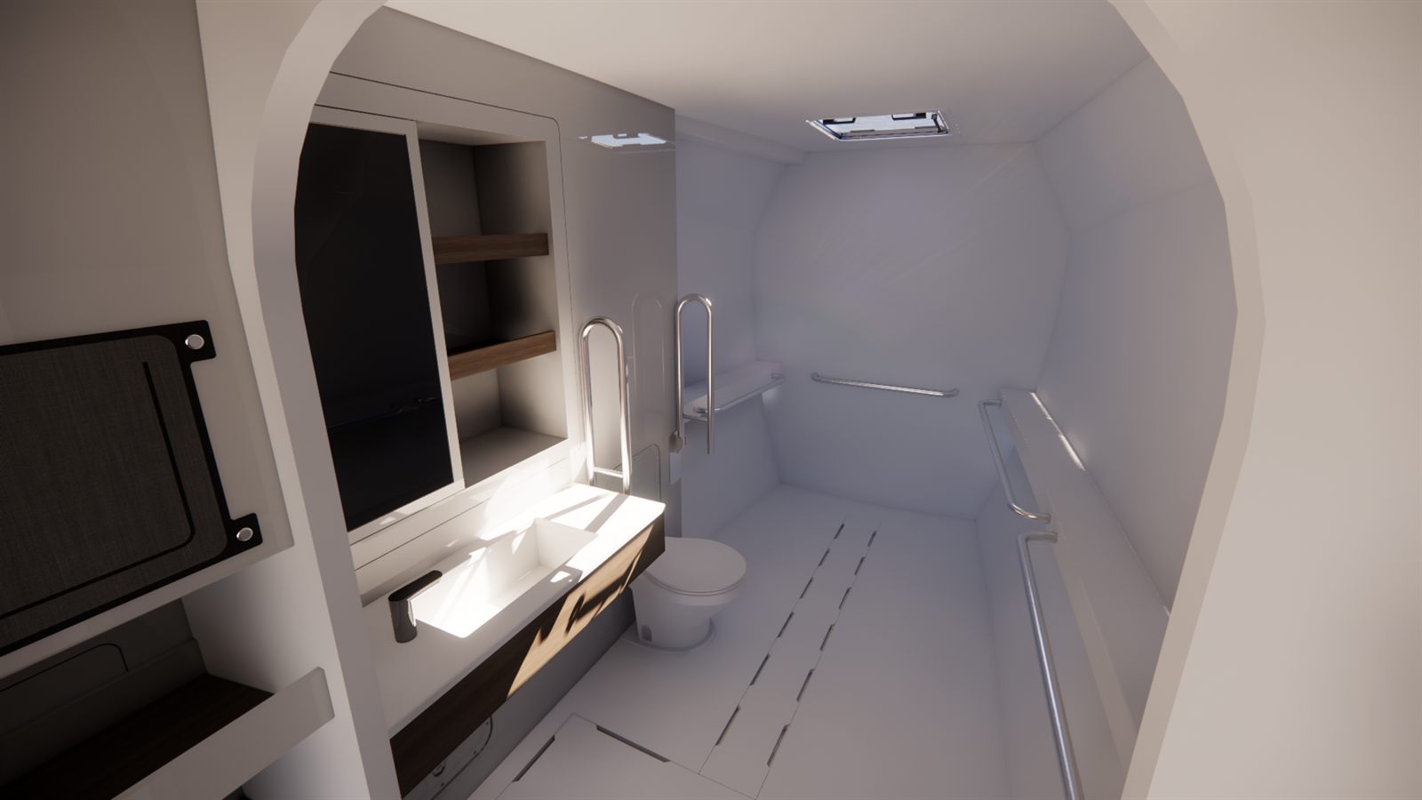 Render of the accessible heads, with a single berth and an overhead hoist.