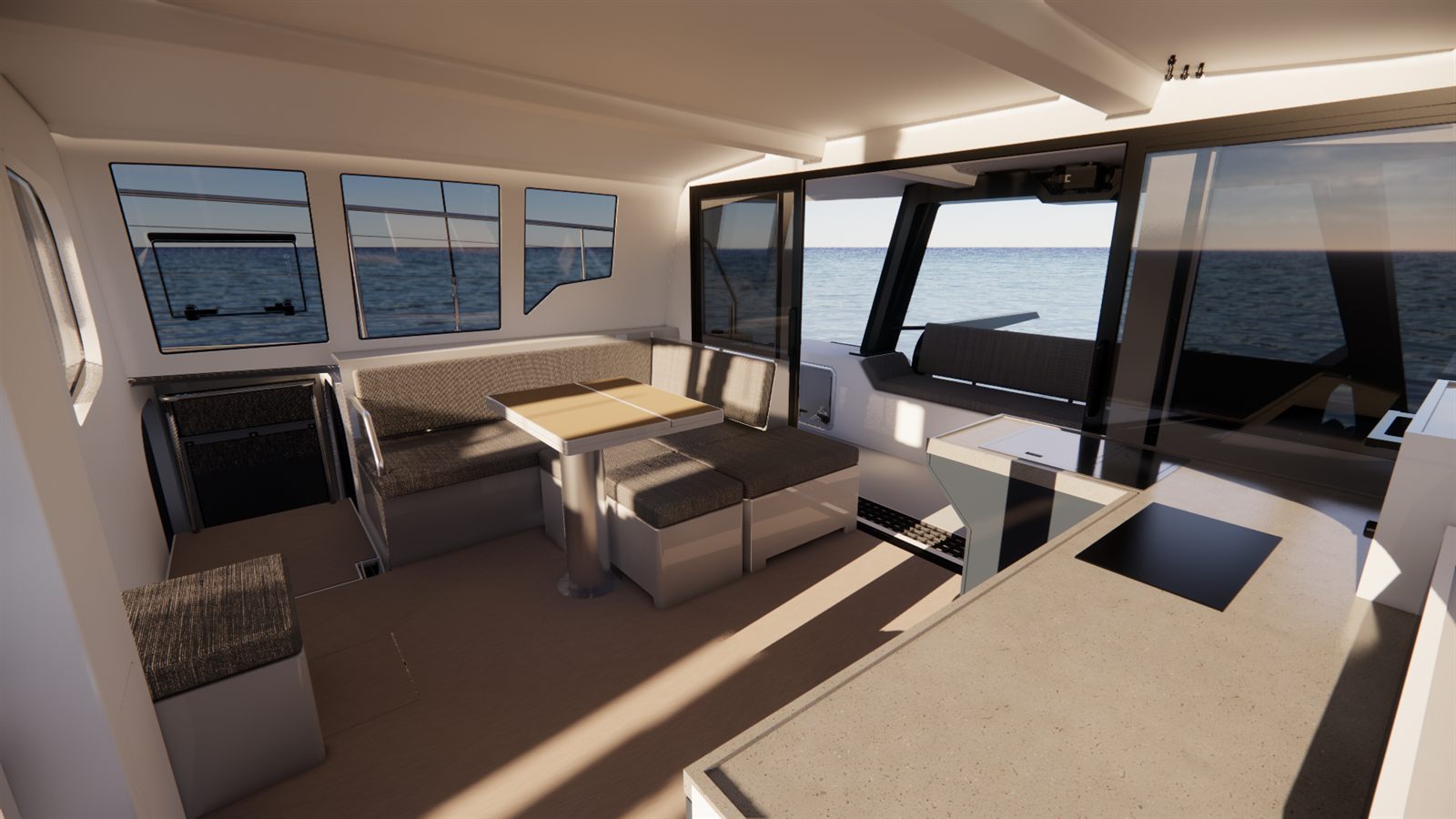 Render of the open-plan cabin interior, with space for several wheelchair users side by side.