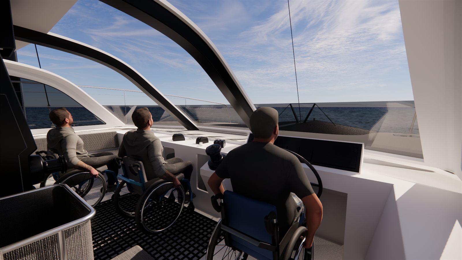 Render of the cockpit, with control lines and tabletop winches arranged for use from a wheelchair.