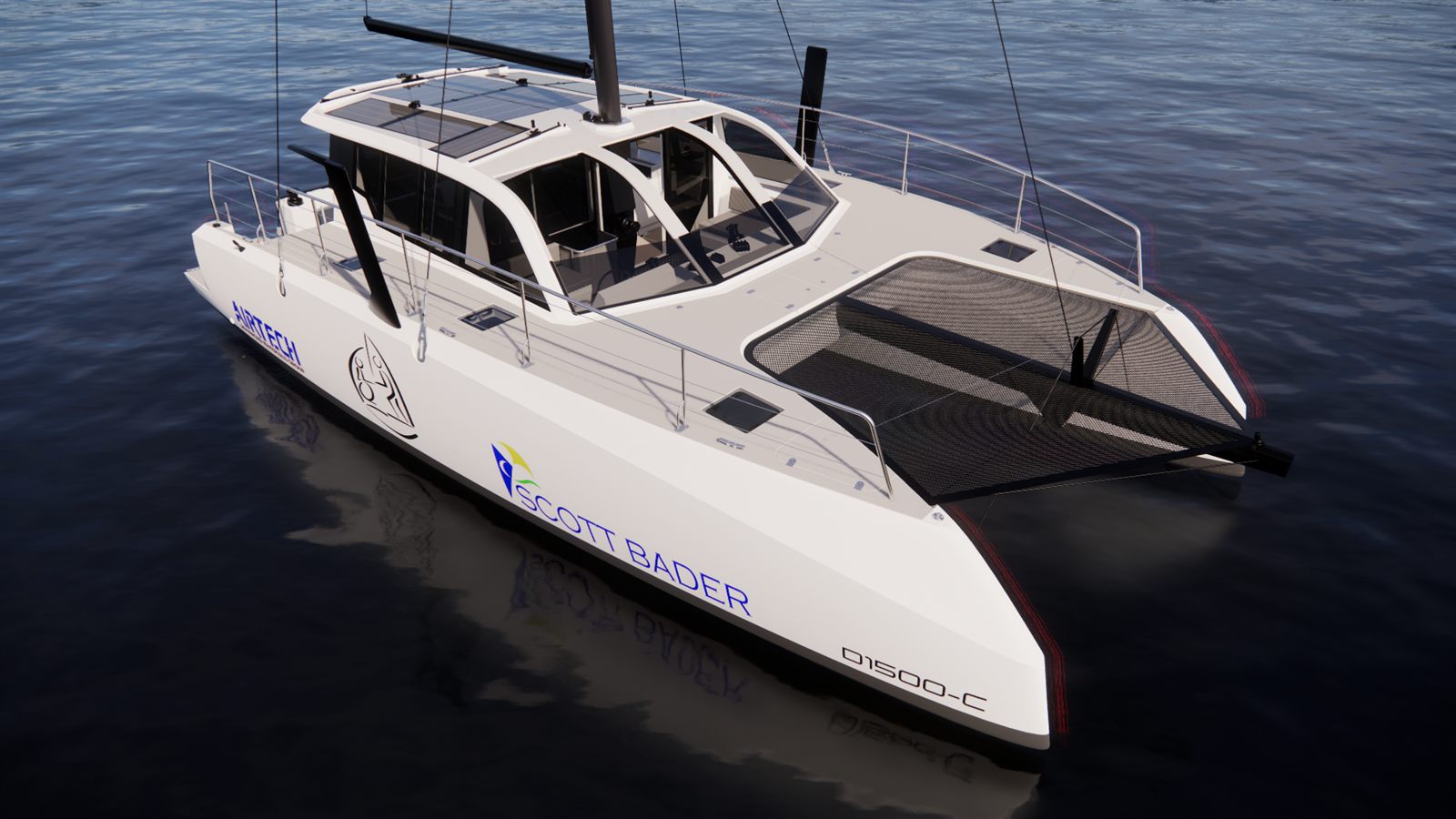Close render of the catamaran's bow, showing wide, level deck access for wheelchair users.