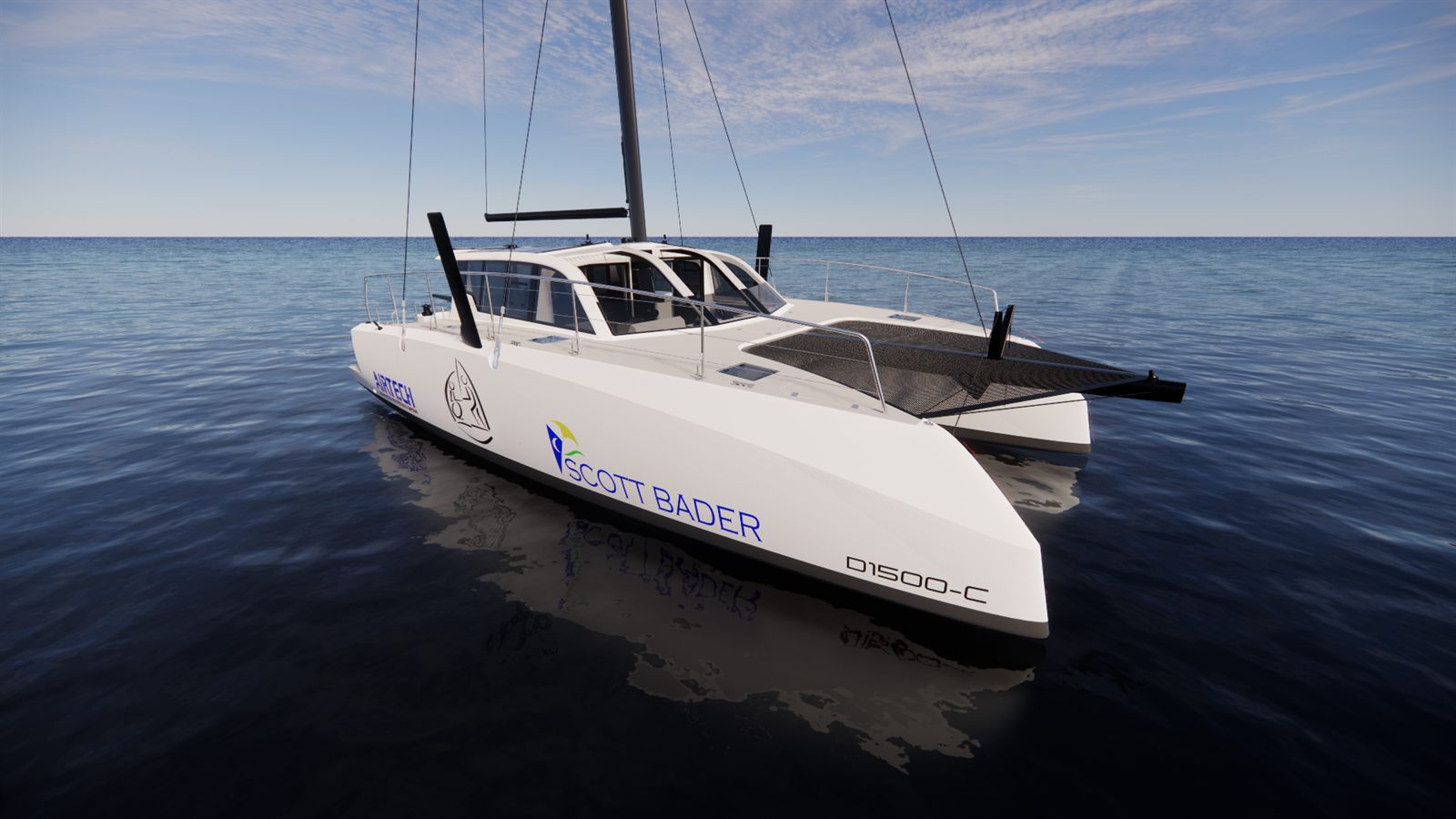 Design render of the new accessible DSA Dazcat 1500 catamaran from the front, showing its twin hulls and wide central deck.