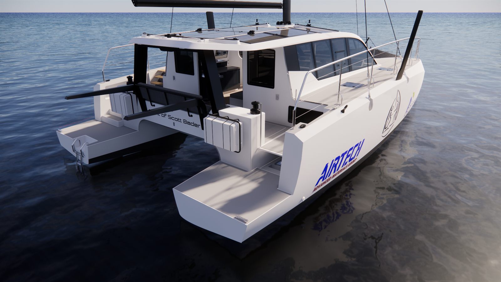 Render of the catamaran from the rear, showing the cockpit and stern boarding area.
