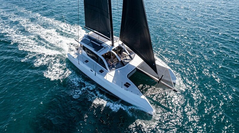 Aerial view of the Dazcat 1500 catamaran showing the wide accessible deck and trampoline net