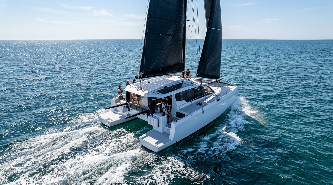 The DSA Dazcat 1500 catamaran underway at sea — crew on the wide accessible deck with black sails full