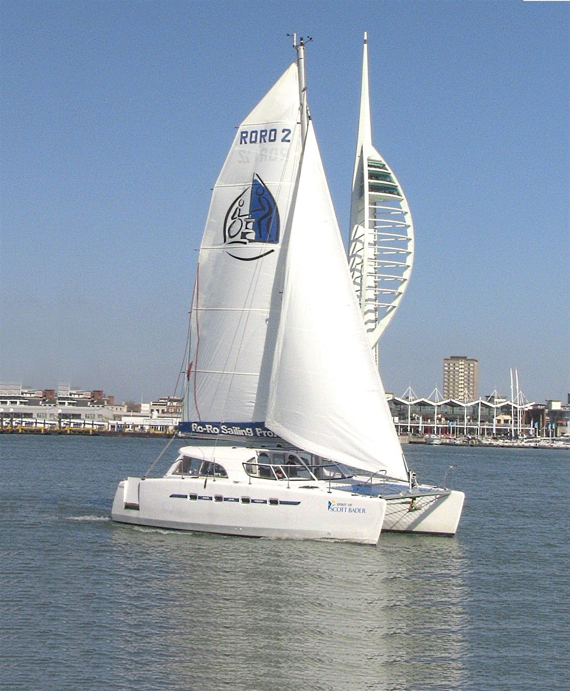The Spirit of Scott Bader, the DSA's purpose-built accessible yacht, under sail